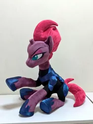 Size: 768x1024 | Tagged: safe, artist:nekokevin, derpibooru import, tempest shadow, pony, unicorn, my little pony: the movie, armor, broken horn, female, hoof shoes, horn, irl, lidded eyes, mare, photo, plushie, raised hoof, sitting, solo, underhoof