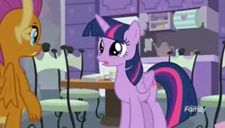 Size: 1039x589 | Tagged: safe, derpibooru import, screencap, smolder, twilight sparkle, twilight sparkle (alicorn), alicorn, dragon, pony, sweet and smoky, cabinet, chair, claws, denied, disappointed, discovery family logo, dragoness, female, folded wings, frown, headmare twilight, horns, looking at each other, mare, responsibility, shelf, sympathy, table, talking, teacher and student, teacher's lounge, teapot, wings, worried