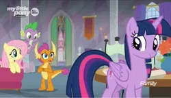 Size: 1552x888 | Tagged: safe, derpibooru import, screencap, fluttershy, smolder, spike, twilight sparkle, twilight sparkle (alicorn), alicorn, dragon, pony, sweet and smoky, banner, couch, discovery family logo, door, dragoness, female, male, mare, school of friendship, teacher's lounge, window