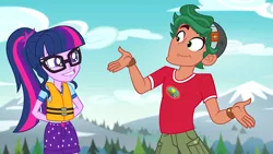 Size: 1280x720 | Tagged: safe, derpibooru import, screencap, sci-twi, timber spruce, twilight sparkle, equestria girls, legend of everfree - bloopers, arm behind back, camp everfree outfits, clothes, cute, female, glasses, lifejacket, male, ponytail, shipping, shorts, sky, smiling, straight, timberbetes, timbertwi