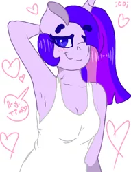 Size: 600x785 | Tagged: alicorn, alternate hairstyle, anthro, arm behind head, armpits, artist:crippling depression, blushing, breasts, clothes, derpibooru import, female, hair over one eye, heart, implied lesbian, implied shipping, implied twilestia, safe, signature, solo, stretching, tanktop, twilight sparkle