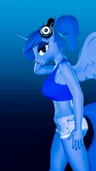 Size: 2160x3840 | Tagged: 3d, alternate hairstyle, anthro, artist:helioseusebio, breasts, busty princess luna, clothes, daisy dukes, derpibooru import, eyeshadow, female, gamer luna, gradient background, lidded eyes, makeup, midriff, ponytail, princess luna, safe, scrunchie, shorts, solo, source filmmaker, sports bra