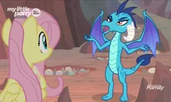 Size: 1482x882 | Tagged: safe, derpibooru import, screencap, fluttershy, princess ember, pegasus, pony, sweet and smoky, discovery family logo, dragon egg, dragon lord ember, female, hole, mare, nest, spread arms