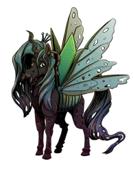 Size: 400x515 | Tagged: antennae, artist:reptilianbirds, bug pony, changeling, crown, derpibooru import, female, hoers, insect, jewelry, looking at you, mandibles, queen chrysalis, regalia, safe, simple background, solo, spread wings, transparent background, wings