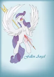 Size: 2480x3508 | Tagged: grimdark, artist:reptilianbirds, derpibooru import, rarity, pegasus, pony, angel, blank flank, blood, fallen angel, female, floppy ears, flying, gradient background, hunger games, impalement, mare, open mouth, pegasus rarity, race swap, solo, spear, spread wings, the hunger games, weapon, wings