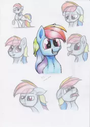 Size: 2480x3508 | Tagged: safe, artist:reptilianbirds, derpibooru import, rainbow dash, pony, bored, bust, expressions, female, floppy ears, mare, simple background, sketch, sketch dump, smiling, solo, tongue out, traditional art, white background