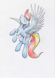 Size: 2480x3508 | Tagged: safe, artist:reptilianbirds, derpibooru import, rainbow dash, pegasus, pony, eyes closed, female, floppy ears, flying, mare, one wing out, open mouth, simple background, solo, traditional art, white background, wings