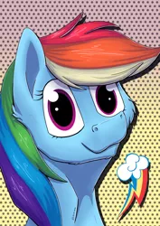 Size: 1024x1449 | Tagged: safe, artist:reptilianbirds, derpibooru import, rainbow dash, pony, abstract background, bust, cheek fluff, cutie mark, cutie mark background, female, looking at you, mare, smiling, solo