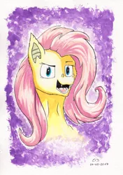 Size: 1024x1456 | Tagged: safe, artist:reptilianbirds, derpibooru import, fluttershy, bat pony, pony, abstract background, bat ponified, bust, female, flutterbat, lidded eyes, looking at you, mare, open mouth, race swap, solo, traditional art