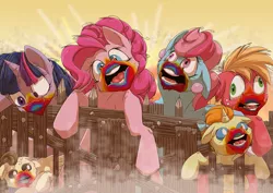 Size: 1024x725 | Tagged: safe, artist:reptilianbirds, derpibooru import, big macintosh, cup cake, pinkie pie, pound cake, pumpkin cake, twilight sparkle, pony, 28 pranks later, colt, cookie zombie, derp, female, fence, filly, floppy ears, foal, male, mare, narrowed eyes, open mouth, rainbow muzzle, stallion, teeth