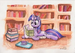 Size: 2817x1993 | Tagged: safe, artist:reptilianbirds, derpibooru import, twilight sparkle, pony, unicorn, book, comfy, cup, female, glowing horn, golden oaks library, horn, magic, mare, pillow, prone, reading, smiling, solo, teacup, telekinesis, traditional art, unicorn twilight
