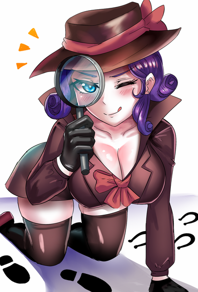 Size: 800x1179 | Tagged: safe, artist:tzc, derpibooru import, rarity, human, adorasexy, anime, big breasts, blushing, bow, breasts, busty rarity, cleavage, clothes, coat, cute, detective rarity, downblouse, dress, erect nipples, fedora, female, footprint, gloves, hat, hoofprints, humanized, kneeling, licking, licking lips, looking at you, magnifying glass, miniskirt, nipple outline, one eye closed, sexy, simple background, skirt, smiling, socks, solo, stupid sexy rarity, thigh highs, thighs, tongue out, white background, wink, zettai ryouiki