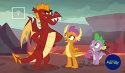 Size: 1276x752 | Tagged: derpibooru import, discovery family logo, dragon, dragoness, female, garble, male, safe, screencap, smolder, spike, sweet and smoky, trio, tv rating, tv-y, winged spike