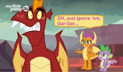 Size: 1274x756 | Tagged: derpibooru import, dialogue, discovery family logo, dragon, dragoness, dragon lands, edit, edited screencap, female, garble, male, my little pony logo, safe, screencap, shocked, smolder, speech bubble, spike, sweet and smoky, trio