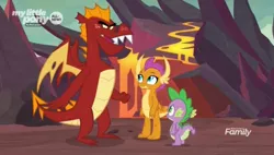 Size: 1328x752 | Tagged: derpibooru import, discovery family logo, dragon, dragoness, female, garble, lava, male, safe, screencap, smolder, spike, sweet and smoky, trio, unamused, winged spike