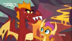 Size: 1330x756 | Tagged: brother and sister, claws, derpibooru import, discovery family logo, dragon, dragoness, dragon lands, duo, fangs, female, folded wings, garble, lava, little sister, looking at each other, male, persuasion, safe, screencap, siblings, smolder, spread wings, sweet and smoky, wings
