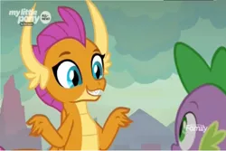 Size: 1144x766 | Tagged: derpibooru import, discovery family logo, dragon, dragoness, female, outdoors, safe, screencap, smolder, solo focus, spike, sweet and smoky, winged spike