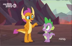 Size: 1366x892 | Tagged: claws, crossed arms, derpibooru import, discovery family logo, dragon, dragoness, dragon lands, duo, fangs, female, folded wings, horns, male, metaphor, raised arm, raised eyebrow, safe, screencap, smolder, spike, sweet and smoky, winged spike, wings