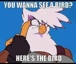 Size: 1008x842 | Tagged: anthro, artist:droll3, breasts, busty gilda, caption, clothes, derpibooru import, edit, female, fingerless gloves, flipping off, frown, fuck you, gilda, gloves, image macro, impact font, meme, middle finger, ponified meme, pun, safe, solo, text, vulgar