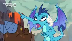 Size: 1366x768 | Tagged: angry, claws, clump, derpibooru import, discovery family logo, dragon, dragoness, dragon lord ember, female, flying, furious, intimidating, lava, male, princess ember, safe, scared, screencap, spread wings, sweet and smoky, upset, volcano, wings, yelling