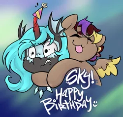 Size: 2615x2474 | Tagged: safe, artist:midnightpremiere, derpibooru import, oc, oc:hors, oc:lux arcana, unofficial characters only, alicorn, pegasus, pony, alicorn oc, body markings, colored horn, glomp, happy birthday, horn, hug, jewelry, necklace, simple background, wings