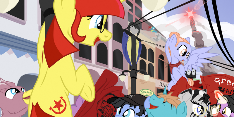 Size: 2300x1150 | Tagged: safe, artist:aaronmk, derpibooru import, oc, oc:lefty pony, gryphon, anarchy, city, clock, cloud, egg, flag, flare, hood, iww, magic glow, protest, smoke, socialism, street, streetlight