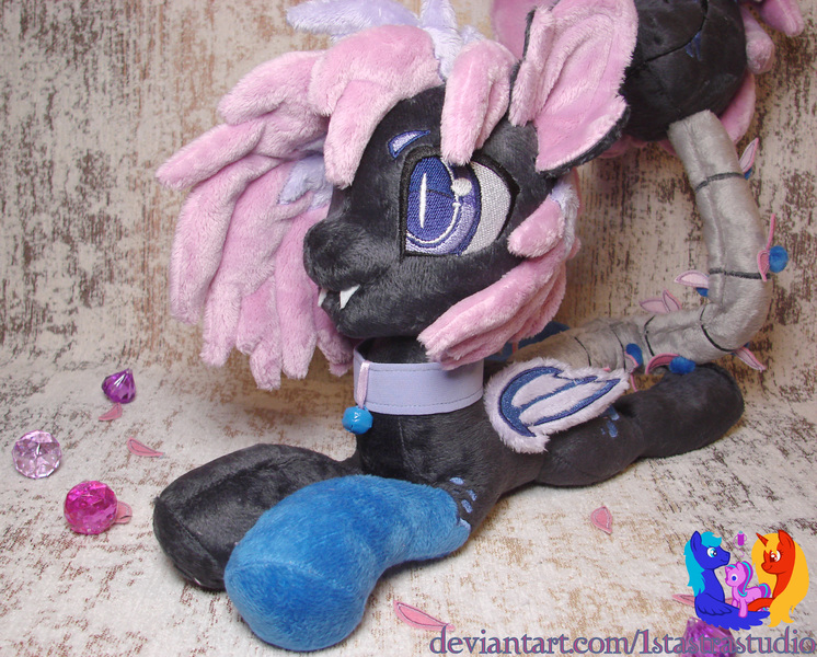 Size: 2865x2304 | Tagged: artist:1stastrastudio, augmented tail, bat wings, choker, derpibooru import, fangs, female, irl, oc, oc:blueberry blast, original species, photo, plushie, primal plant pony, prone, safe, solo, unofficial characters only, wings