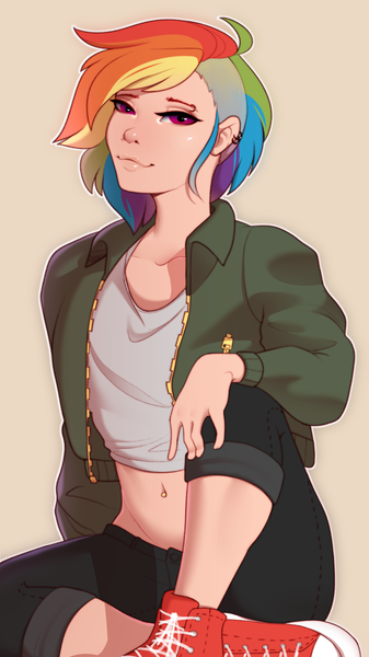 Size: 800x1425 | Tagged: artist:evehly, belly button, clothes, converse, derpibooru import, ear piercing, earring, female, human, humanized, jewelry, midriff, piercing, rainbow dash, safe, shoes, simple background, sitting, sneakers, solo, undercut