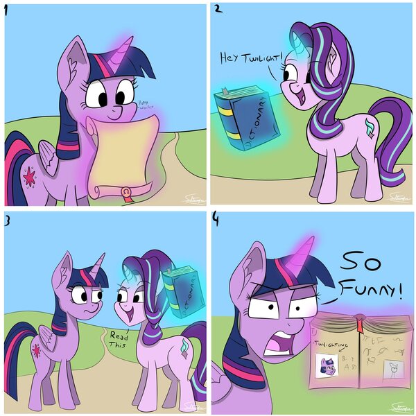 Size: 1650x1650 | Tagged: safe, artist:sadtrooper, derpibooru import, starlight glimmer, twilight sparkle, twilight sparkle (alicorn), alicorn, pony, unicorn, :o, book, comic, derp, dialogue, dictionary, female, levitation, lidded eyes, loss (meme), magic, mare, mismatched eyes, open mouth, picture, prank, raised eyebrow, scroll, smiling, telekinesis, text, twilight is not amused, twilighting, unamused