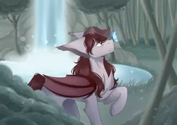 Size: 3507x2480 | Tagged: safe, artist:shadow-nights, derpibooru import, oc, oc:scarlet quill, unofficial characters only, bat pony, butterfly, pony, bat pony oc, bat wings, commission, female, mare, raised hoof, smiling, solo, waterfall, wings, ych result