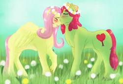 Size: 1600x1100 | Tagged: safe, artist:anxiousshadowpetals, derpibooru import, fluttershy, tree hugger, pony, blushing, female, floral head wreath, flower, flower in hair, flutterhugger, kissing, lesbian, shipping, wreath