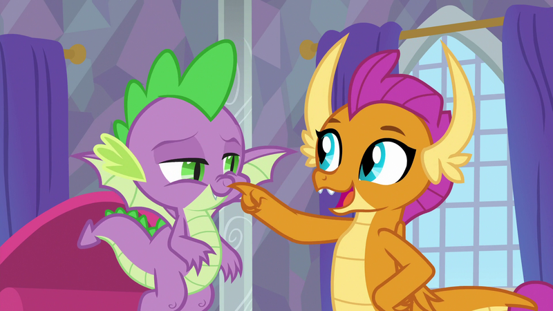 Size: 1920x1080 | Tagged: safe, derpibooru import, screencap, smolder, spike, dragon, sweet and smoky, boop, cute, dragoness, duo, female, flying, lidded eyes, male, smolderbetes, spikabetes, winged spike