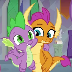 Size: 1004x1006 | Tagged: safe, derpibooru import, screencap, smolder, spike, dragon, sweet and smoky, baby, baby dragon, buddies, claws, cropped, cute, dragoness, duo, fangs, female, flying, folded wings, friends, grin, looking to side, male, side hug, slit eyes, smiling, smolderbetes, spikabetes, spread wings, teacher's lounge, teenaged dragon, teenager, toes, wings