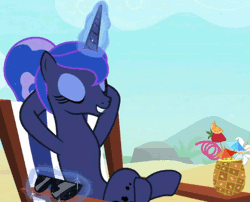 Size: 806x652 | Tagged: safe, derpibooru import, edit, edited screencap, screencap, princess luna, alicorn, pony, between dark and dawn, alternate hairstyle, animated, barehoof, beach, beach chair, crossed legs, deal with it, drink, eyelashes, eyeliner, eyes closed, female, folded wings, gif, glowing horn, hair bun, hooves behind head, horn, levitation, lidded eyes, magic, magic aura, makeup, mare, meme, no shame, open mouth, reaction image, reclining, relaxing, solo, stupid sexy princess luna, sunglasses, telekinesis, we don't normally wear clothes, wingless, wings