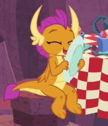 Size: 324x376 | Tagged: safe, derpibooru import, screencap, smolder, dragon, sweet and smoky, animated, cropped, cute, dish, dragoness, eyes closed, female, gif, licking, plate, smolderbetes, solo, tongue out