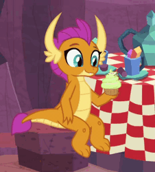 Size: 476x526 | Tagged: animated, cropped, cupcake, cute, derpibooru import, dragon, dragoness, eating, eyes closed, female, food, gemstones, gif, looking up, safe, screencap, sitting, smolder, smolderbetes, solo, sweet and smoky, table, teapot, throw, throwing