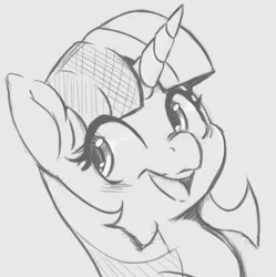Size: 537x540 | Tagged: safe, artist:tre, derpibooru import, twilight sparkle, alicorn, pony, bust, female, grayscale, mare, monochrome, open mouth, simple background, smiling, solo