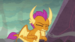 Size: 700x394 | Tagged: animated, claws, derpibooru import, dragon, dragoness, dragon lands, faic, fangs, female, gif, home, home sweet home!, horns, nostalgia, out of context, raised eyebrow, safe, screencap, sigh, smoke, smolder, solo, spread wings, sulfur, sweet and smoky, teenaged dragon, teenager, wings