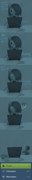 Size: 1265x7103 | Tagged: safe, artist:lonelycross, derpibooru import, marble pie, pony, ask lonely inky, ask, choker, comic, computer, dialogue, happy, headphones, laptop computer, lonely inky, pillow, scared, shocked, talking, tumblr