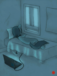 Size: 416x550 | Tagged: safe, artist:lonelycross, derpibooru import, marble pie, pony, ask lonely inky, animated, bed, choker, comic, computer, laptop computer, lonely, lonely inky, low battery, plug, poster, recording, side, tumblr, window