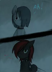Size: 1280x1761 | Tagged: safe, artist:lonelycross, derpibooru import, marble pie, oc, oc:thunder smash, pegasus, pony, ask lonely inky, ..., bipedal, choker, collar, comic, lonely inky, looking at each other, spiked collar, talking, tumblr
