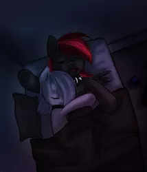 Size: 965x1129 | Tagged: safe, artist:lonelycross, derpibooru import, marble pie, oc, oc:thunder smash, pony, ask lonely inky, bed, choker, collar, comic, female, hug, lesbian, lonely inky, night, sleeping, spiked collar, tumblr