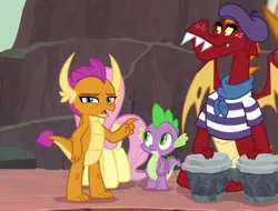 Size: 812x618 | Tagged: safe, derpibooru import, screencap, fluttershy, garble, smolder, spike, dragon, pegasus, pony, sweet and smoky, beret, bongos, breaking the fourth wall, brother and sister, clothes, cropped, dragoness, female, hat, image, looking at you, male, open mouth, png, shirt, siblings