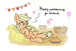 Size: 1280x853 | Tagged: safe, artist:heir-of-rick, derpibooru import, applejack, pinkie pie, earth pony, pony, daily apple pony, apple, balloon, basket, candle, dialogue, duo, food, hatless, hay, hidden cane, hopping, implied bright mac, implied pear butter, missing accessory, on back, pear, pie, simple background, white background