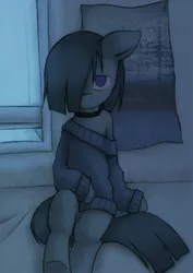 Size: 708x1000 | Tagged: artist:lonelycross, ask lonely inky, bed, bedroom, blushing, clothes, derpibooru import, lonely inky, marble pie, nine inch nails, poster, safe, semi-anthro, sitting, solo, sweater, tumblr, window