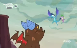 Size: 1218x768 | Tagged: clump, derpibooru import, discovery family logo, dragon, dragoness, dragon lord ember, female, flying, male, pointing, princess ember, safe, screencap, spike, sweet and smoky, winged spike