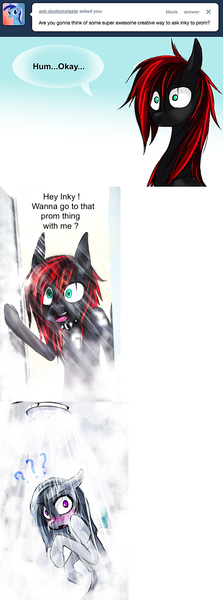 Size: 646x1742 | Tagged: safe, artist:lonelycross, derpibooru import, marble pie, minuette, pony, ask doctor colgate, ask lonely inky, ask, blushing, choker, comic, dialogue, lonely inky, nudity, pony prom, prom, question, shower, talking, tumblr, we don't normally wear clothes