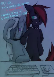 Size: 708x1000 | Tagged: safe, artist:lonelycross, derpibooru import, marble pie, oc, oc:thunder smash, pony, ask lonely inky, bipedal, blood, chair, choker, collar, comic, computer mouse, dialogue, keyboard, lonely inky, nosebleed, sitting, spiked collar, talking, tissue, tumblr, wet, wet mane