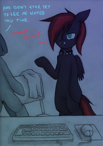 Size: 708x1000 | Tagged: safe, artist:lonelycross, derpibooru import, marble pie, oc, oc:thunder smash, pony, ask lonely inky, bipedal, blood, chair, choker, collar, comic, computer mouse, dialogue, keyboard, leaving, lonely inky, nosebleed, spiked collar, talking, tissue, tumblr, walking, we don't normally wear clothes, wet, wet mane