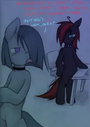 Size: 708x1000 | Tagged: safe, artist:lonelycross, derpibooru import, marble pie, oc, oc:thunder smash, pony, ask lonely inky, bipedal, blood, chair, choker, collar, comic, dialogue, keyboard, leaving, lonely inky, nosebleed, peering, spiked collar, talking, tissue, tongue out, tumblr, walking, we don't normally wear clothes, wet, wet mane